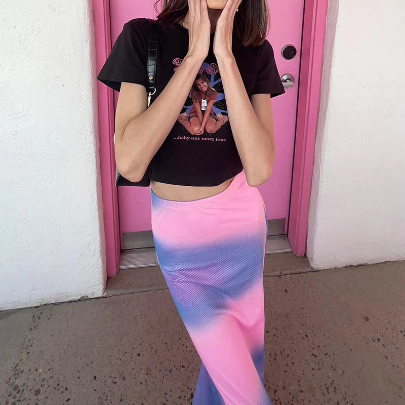 LIZAKOSHT  -  Fashion y2k Maxi Skirt Summer Women Contrasting Color Tie Dye Print High Waist Bodycon Skirt Sexy Party Skirts Streetwear