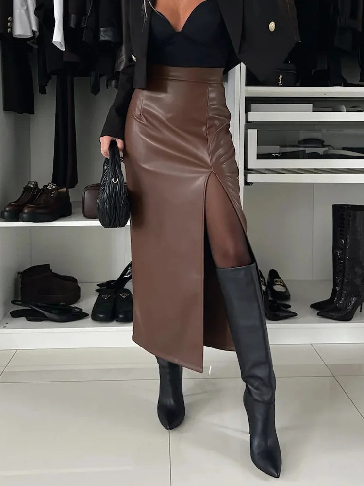 LIZAKOSHT  -  Women Vintage Brown PU Leather Skirts Autumn Black Chain Split Pencil Party Skirts Elegant High Waist Sheath Wrap Skirts Femme