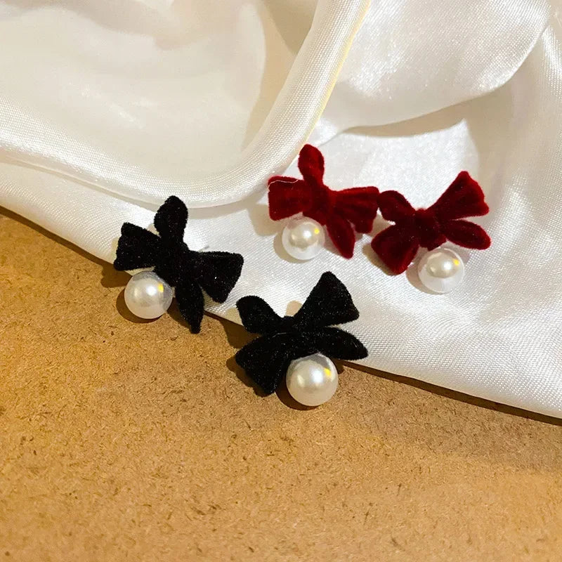 LIZAKOSHT Classic Winter Pearl Pendant Flocking Bowknot Stud Earrings for Women Temperament Happy New Year Gift Ladies Jewelry Accessories