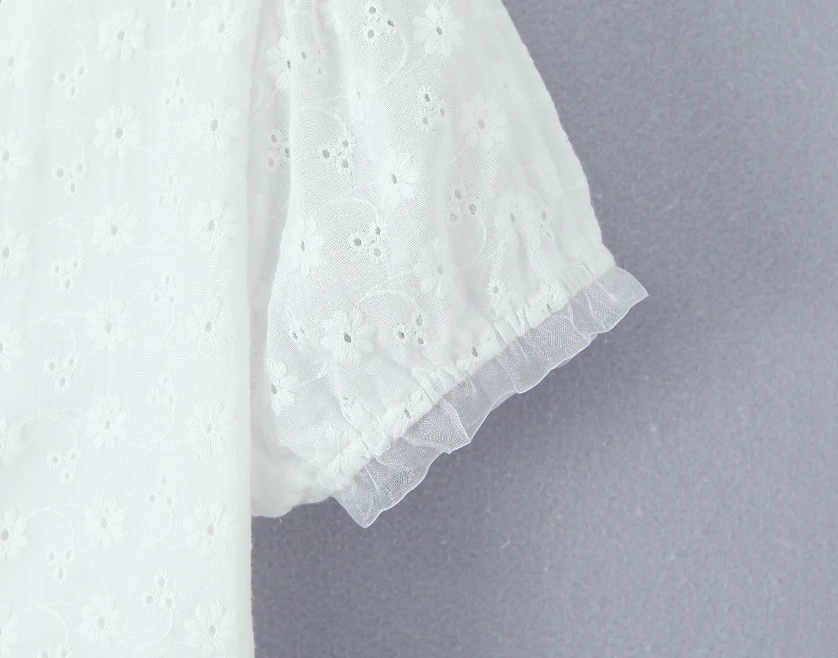 LIZAKOSHT  -  White Embroidery Hollow Out Hole Splice Lace V neck Short Puff Sleeve Shirt Women Center Button Elastic Back Slim Crop Tops