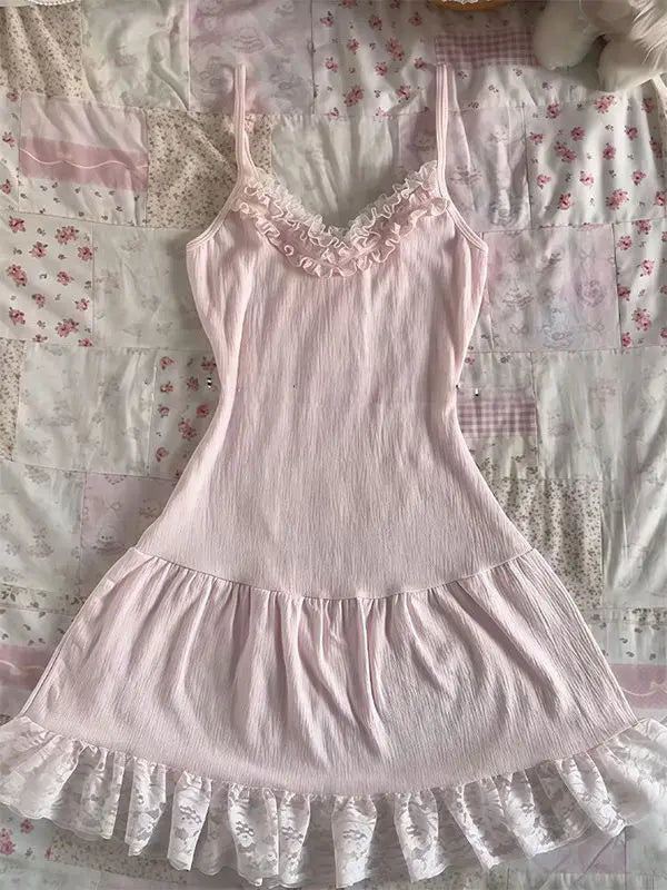 LIZAKOSHT  -  Summer Sweet New Pink Bow Dress Suit Women's Fashion Kawaii Cute Lace Overclothes France Designer Slim A-line Sling Dresses