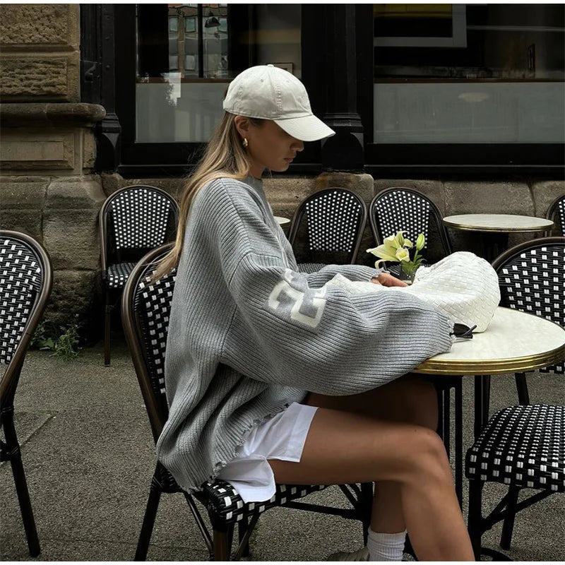 LIZAKOSHT  -  Fashion Letter Printing Knit Sweater For Women Casual O-neck Distressed Hem Oversized Pullover Lady Autumn Streetwear Tops