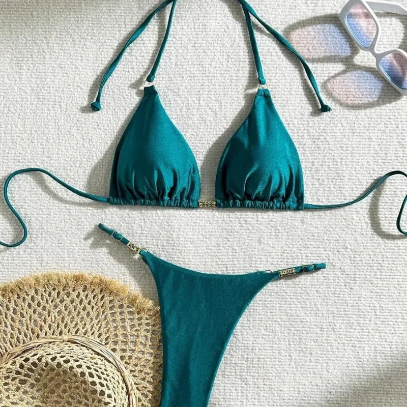 LIZAKOSHT  -  Solid Color Metal Decorative Bikini Sexy Halter Neck Tie Backless Swimsuit