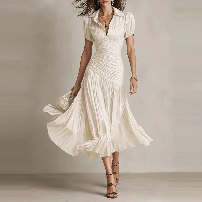 LIZAKOSHT  -  Temperament Lapel Short Sleeve Commute Dress Elegant Lady High Waist Pleated Dress Summer New Solid Color Simple Party Dresses