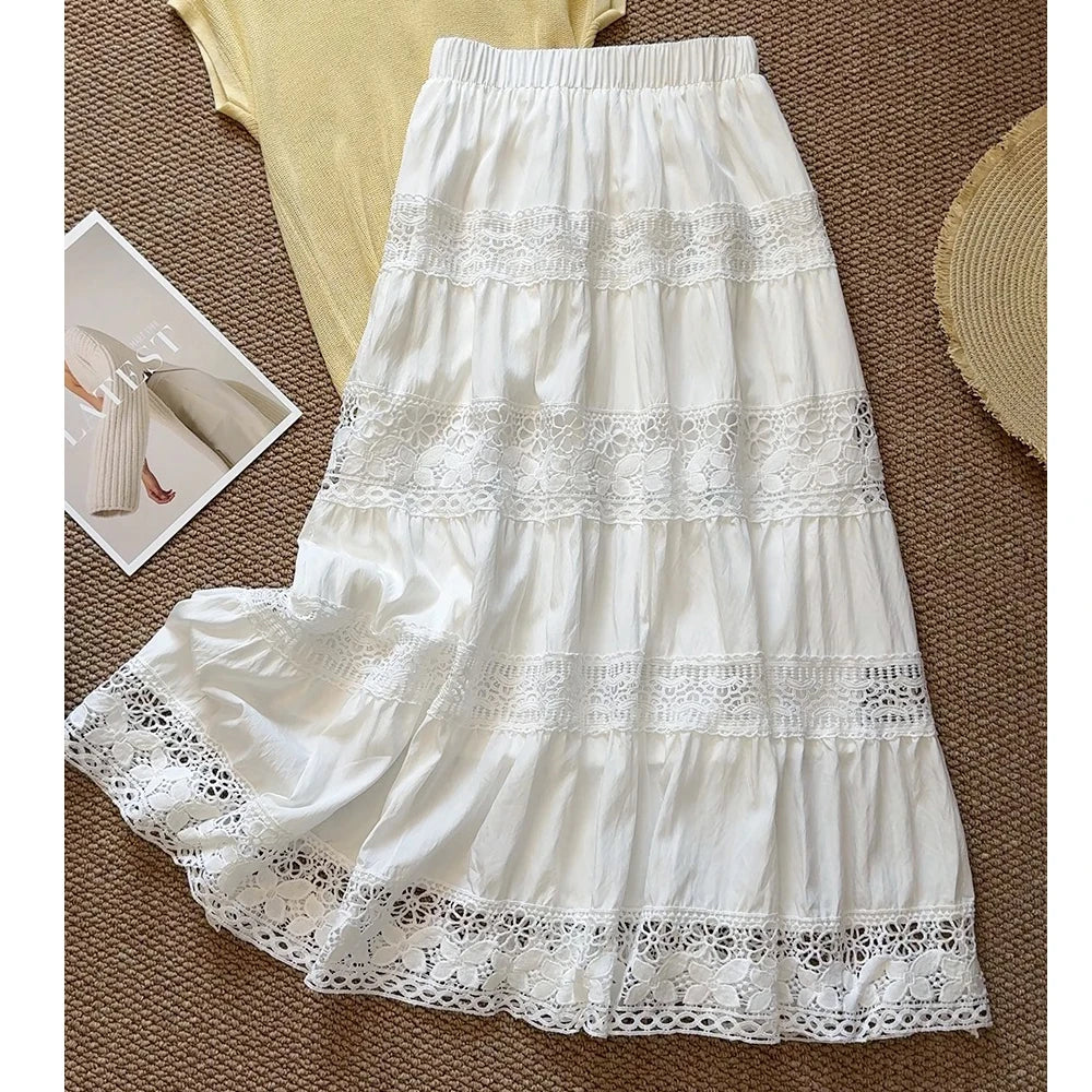 LIZAKOSHT  -  Women Summer Long Skirts High Waist Hollow Out Design Patchwork Boho Skirt Cotton Maxi Skirts Faldas Femme Streetwear
