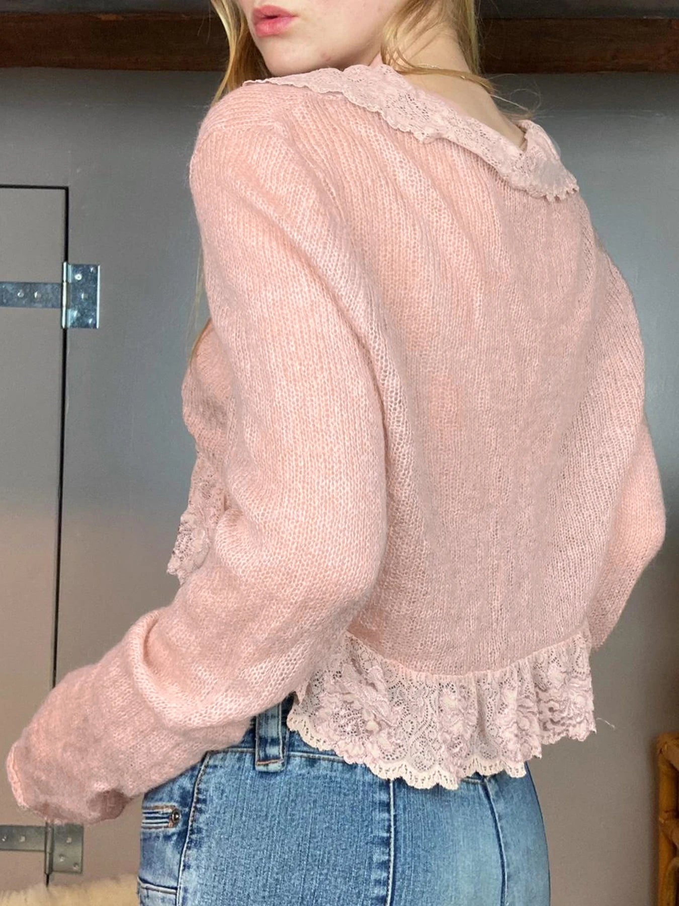 LIZAKOSHT  -  Y2K Pink Flared Sleeve Cardigan Casual Lace Tie-up Beach Cover-Ups Coquette White Long Sleeves Shirts Sunscreen Outwear