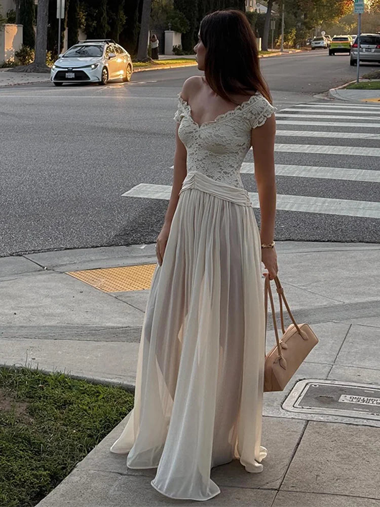 LIZAKOSHT  -  Women's Dresses Elegant Long Dresses Evening Dress Off-Shoulder Sheer V-Neck Lace Maxi Dress Formal Gown Woman Clothes Outerwear