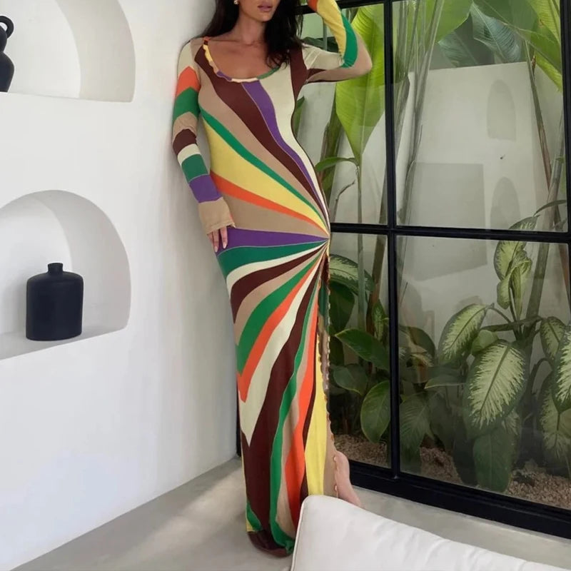 LIZAKOSHT  -  Chic Rainbow Printed Fashion Slimming Long Sleeve Bodycon Multi Color Patchwork Casual Sexy Package Hip Long Dress Clubwear