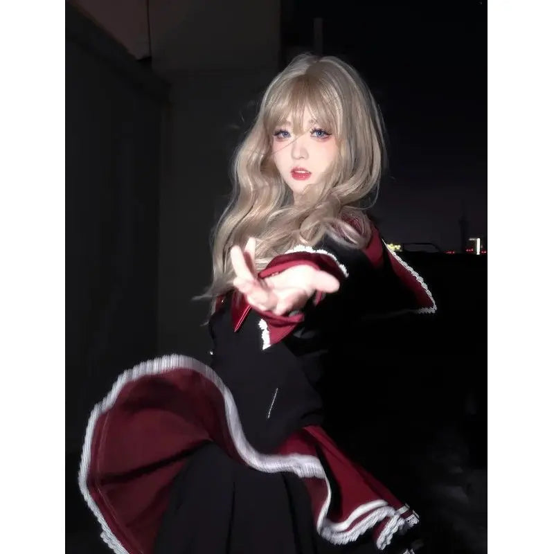 LIZAKOSHT  -  Japan JK Gothic Sailor Collar Long Sleeve Women Slim Fit Shirts+ High Waist Ruched A-line Skirts Summer New 2 Piece Sets