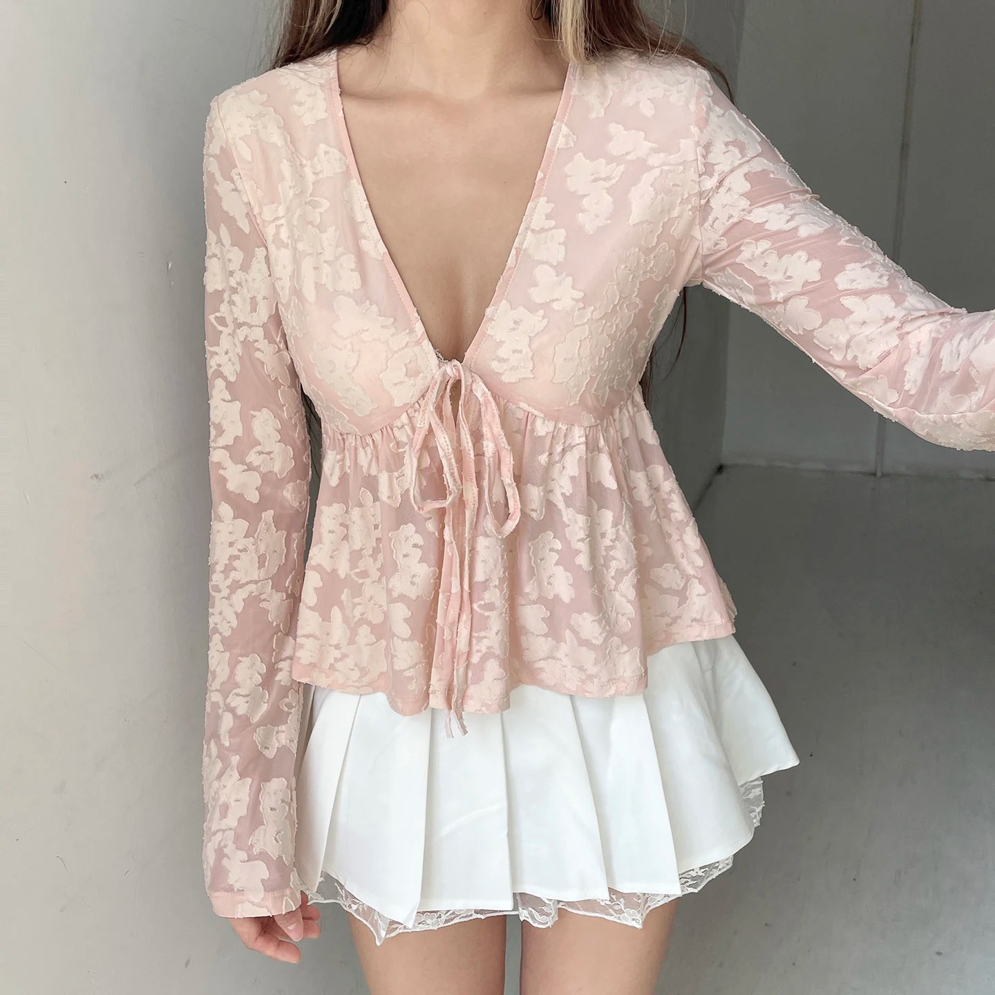 LIZAKOSHT  -  Pink Sweet Cute V-Neck Bow Tie T-Shirt Casual Lace Long-Sleeve Top Autumn Clothing For Women Chic Streetwear Outfits