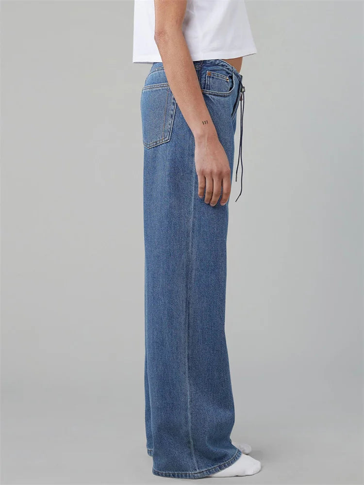 LIZAKOSHT  -  Women Drawstring Jeans Loose Solid Color Low Waist Straight Leg Denim Pants Casual Long Trousers Out Going Pants