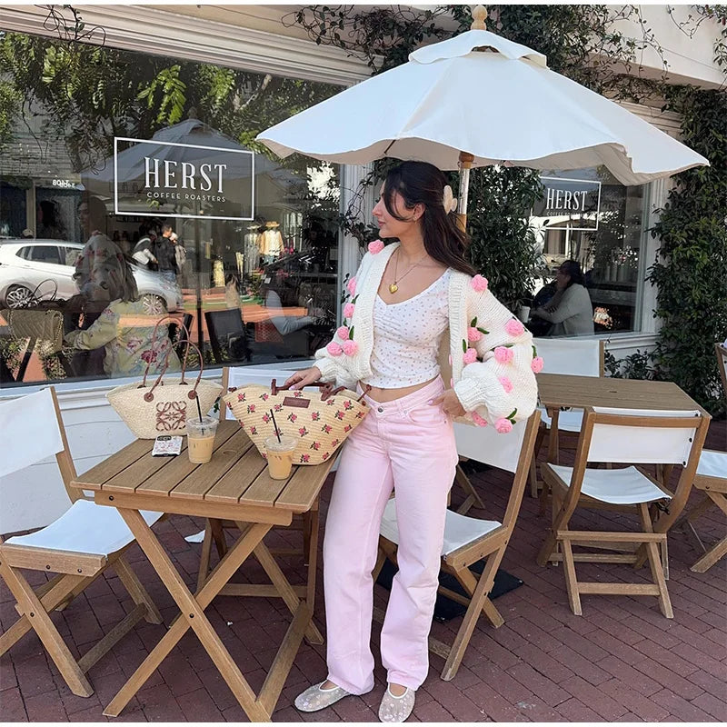 LIZAKOSHT  -  3D Flower Knitted Cardigan Woman Loose Long Sleeves Single Breasted V-Neck Casual Coats Versatile Women's Early Autumn Cardigans