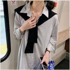 LIZAKOSHT  -  Autumn Simple Versatile Hong Kong Style Retro Chic Women's Set Korean Striped Shirt Dress High-end Black Shawl for Women