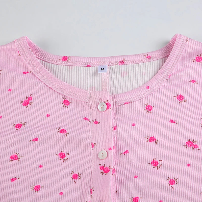 LIZAKOSHT  -  Floral Print Chic Rompers for Women Aesthetic Crewneck 2000s Long Sleeves Jumpsuits Sweet Korean Harajuku Cloth