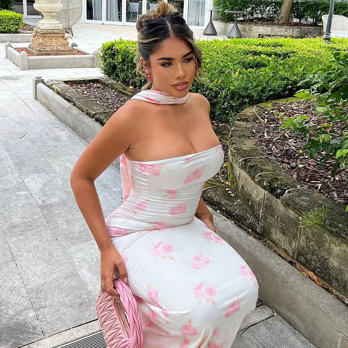 LIZAKOSHT  -  Elegant Floral Print Strapless Ribbon Sexy Bodycon Maxi Prom Dress Summer Women Clothes Birthday Party Festival
