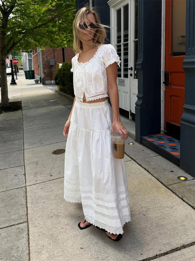 LIZAKOSHT  -  White High Waist Lace Long Skirt Female Pleated Casual Basic Summer Solid Loose Elegant Maix Skirt Women's Clothes Femme