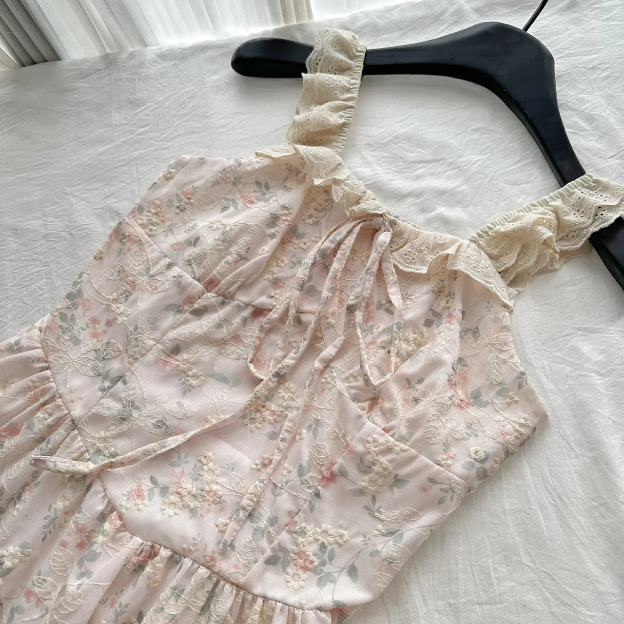 LIZAKOSHT  -  Summer French Elegant Mori Girl Style Long Dress Women Flying Sleeve Lace-Up Print Slim Dress Sweet Cute Casual Clothing
