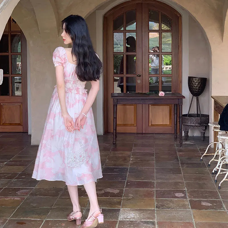 LIZAKOSHT  -  Vintage Floral Evening Party Midi Dresses Women Summer Elegant Square Collar Fairy Dress Korean Sweet Princess Pink Dress