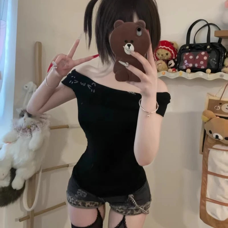 LIZAKOSHT  -  Women Clothing Slash Neck Short Sleeve Sexy T Shirts Cotton Summer Tees Chic Korean Camisetas Y2k Tops Diamond Cartoon Tshirts