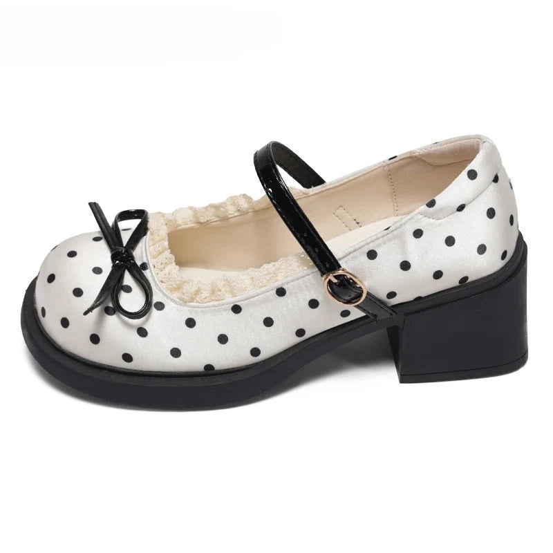 LIZAKOSHT  -  Cute Polka Dot Thick Heel Women Mary Jane Shoes Comfort Shallow Strap Pumps Ladies Eelgant Butterfly-knot Dress Single Shoes