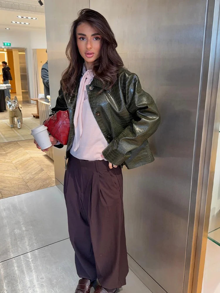 LIZAKOSHT  -  Women Embossed Faux Leather Jacket Lapel Collar Coat Single Breasted Flap Pocket Top Long Sleeve Cropped Moto Coats Fall Clothes