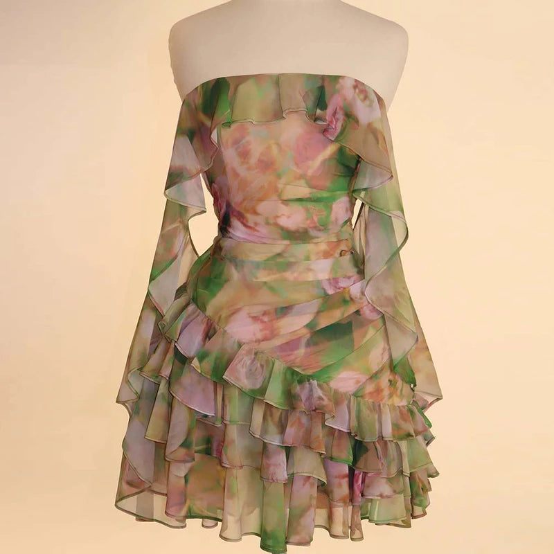 LIZAKOSHT  -  Luxury One Shoulder Sleeve Princess Chiffon Dress Elegant 2025 Irregular Ruffles Edge Party Dress Elegant Print Mini Dress Women