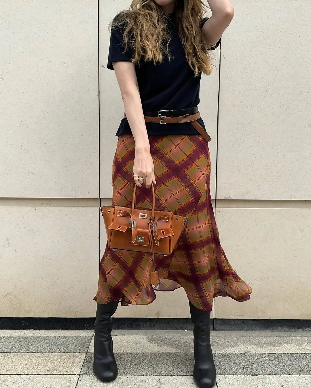 LIZAKOSHT  -  Retro Plaid Pattern Pleated Skirt Women Elegant HighWaist Patchwork Ruffle Slim Midi Skirts Lady Holiday Street Wear New