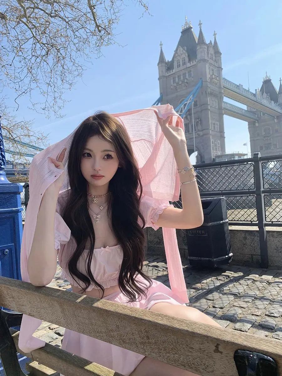 LIZAKOSHT  -  Cute Set Women's Summer Short-sleeved Square Collar Top High Waist A-line Skirt Two-piece Set Fashion Female Clothes