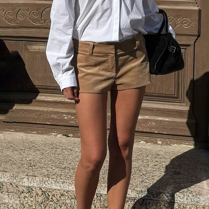 LIZAKOSHT  -  Autumn Sexy Corduroy Mini Pants For Woman Street Chic Beige Zipper Shorts Fashion Brown High Waist Shorts Female