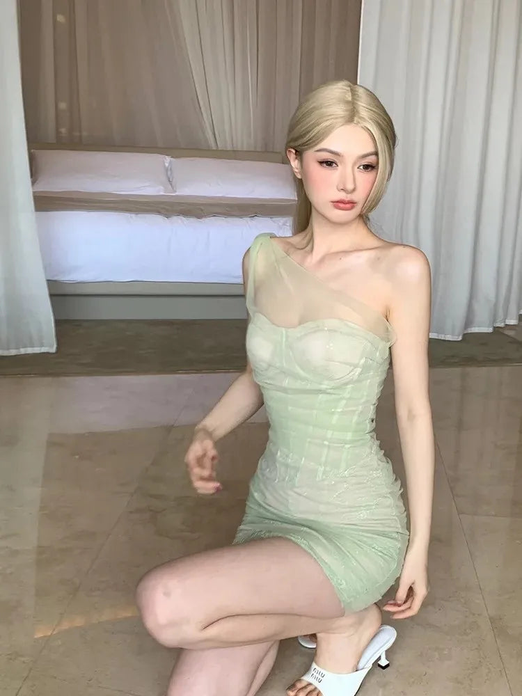 LIZAKOSHT  -  Summer Sleeveless One-shoulder Temperament Mint Mambo Stitching Lace Mesh Slim-fit Sexy Short Dress