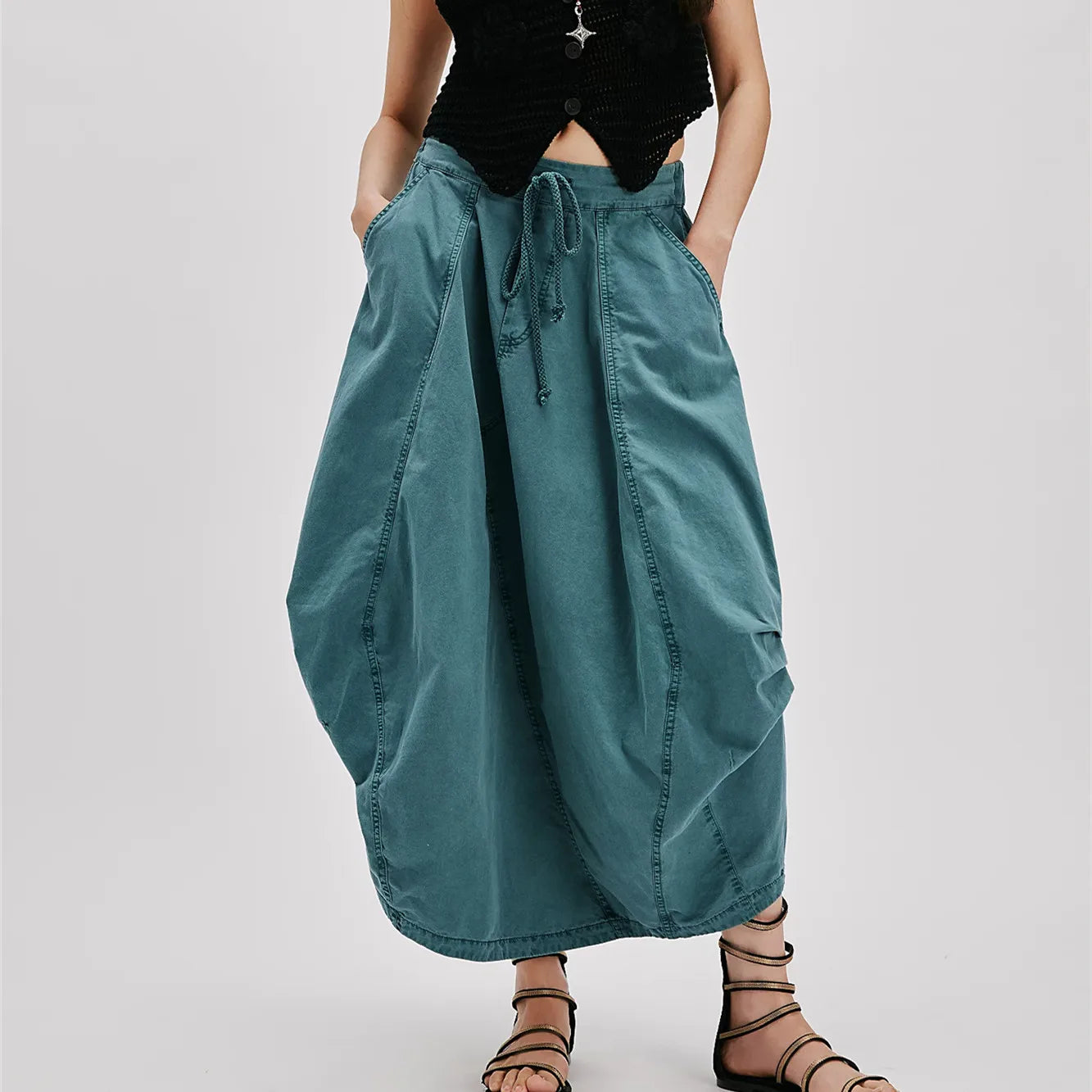 LIZAKOSHT  -  Women Y2k Cargo Parachute Long Skirt Drawstring Hem Pleated Bubble Maxi Skirts with Pockets Spring Vintage Streetwear