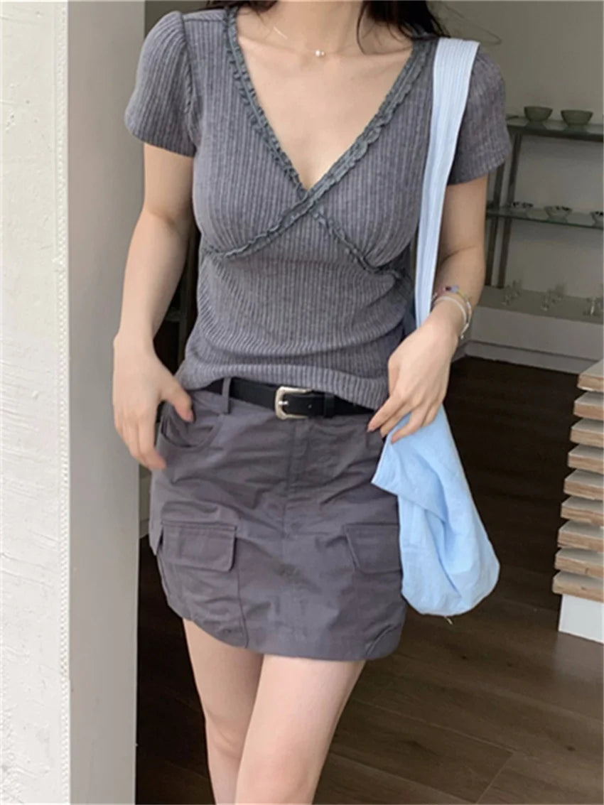 LIZAKOSHT  -  Stylish V-Neck T-Shirts Slim Women Summer 2024 Casual Short Sleeve Mini Skirts High Street Office Lady Chic Daily