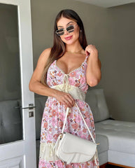 LIZAKOSHT  -  New Summer Fashion Printed Floral Dress Lace-Up Sleeveless V-Neck Sexy Beach Party Patchwork Hollow Out Long Dresses