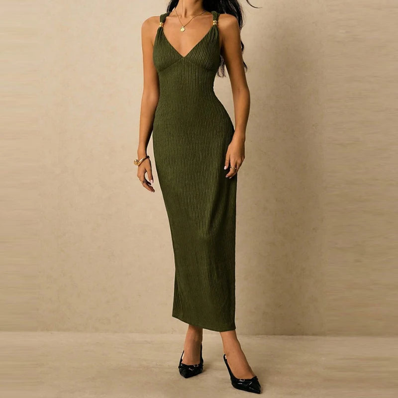 LIZAKOSHT  -  Elegant V-neck High Waist Skinny Dress Women Sexy Backless Sleeveless Long Dress Fashion Draped Hollow Out Slim Gowns Dress