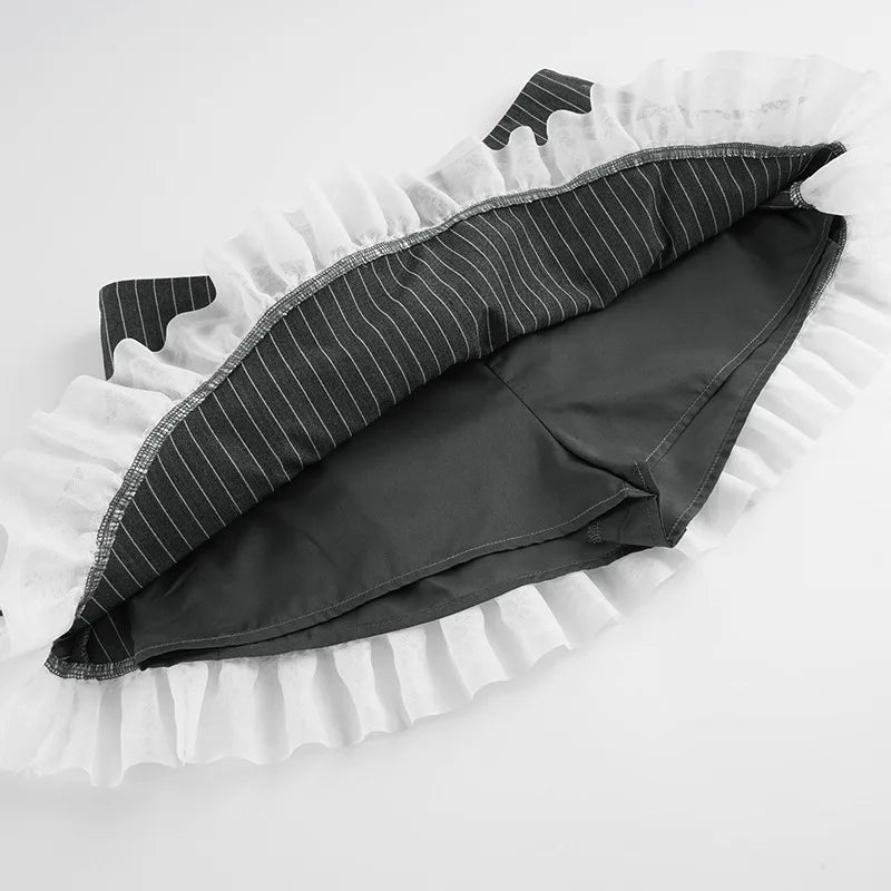 LIZAKOSHT  -  Y2K Style Skirt Bow Lace Striped Half Low Waist Slimming Spicy Girl Short Pleated European American