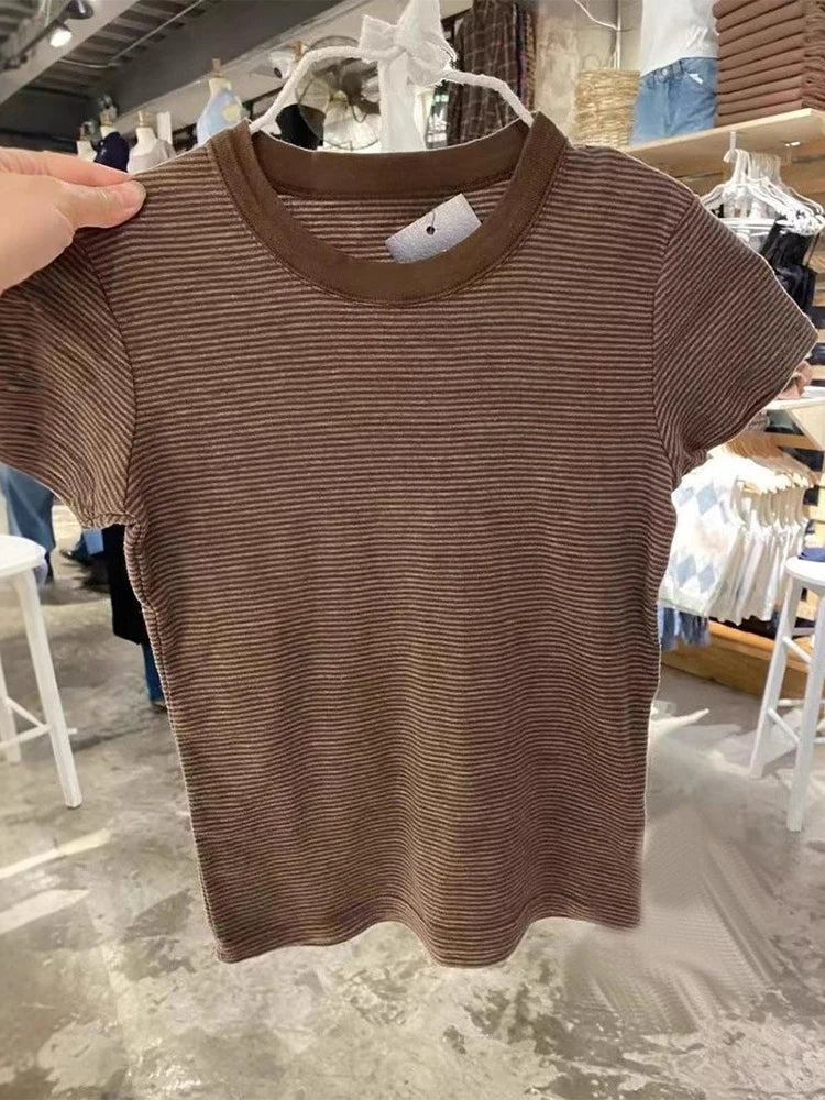 LIZAKOSHT  -  Pink Striped Slim T-shirts Woman Summer Round Neck Short Sleeve Tee Shirts Female Sweet Cute Preppy Style Cotton Tshirt Y2k Tops