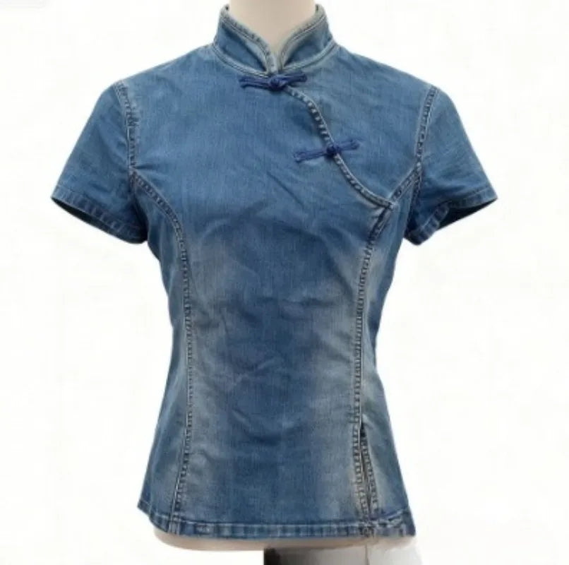 LIZAKOSHT  -  Y2k Chinese Style Denim T Shirt for Women Stand Collar Spring Summer Ropa De Mujer Solid Vintage Versatile Short Tees