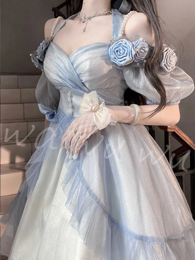 LIZAKOSHT  -  Elegant Gradient Blue Three-Dimensional Rose Lolita Dress Flower Wedding Birthday