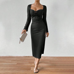 LIZAKOSHT  -  Women Elegant Lady Style Dress Square Neck Sexy Slit Slim Fit Midi Skirt Dresses