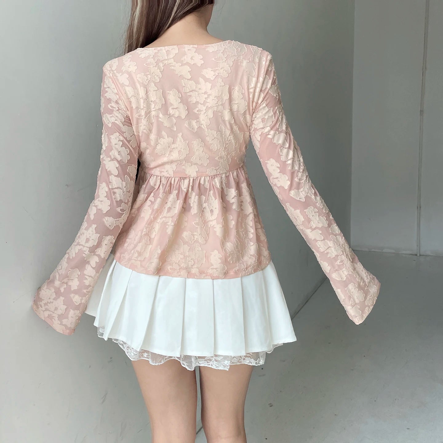 LIZAKOSHT  -  Pink Sweet Cute V-Neck Bow Tie T-Shirt Casual Lace Long-Sleeve Top Autumn Clothing For Women Chic Streetwear Outfits
