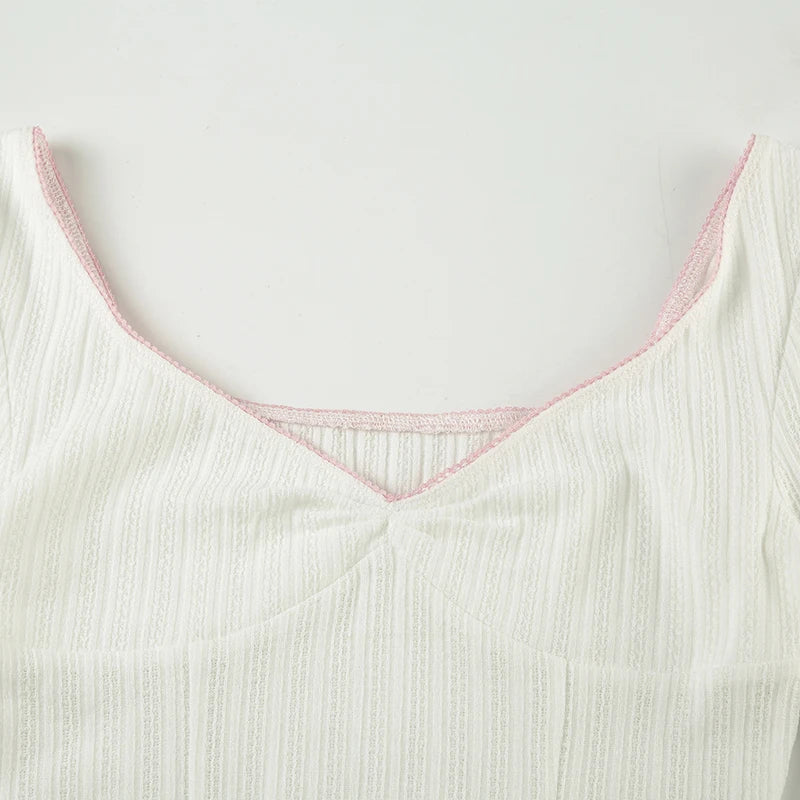LIZAKOSHT  -  Contrast Lace V-neck Top Coquette Aesthetic Folds Chest Long Sleeve T-shirt Y2K Sexy Slim-fit Knitted Tops Fall Spring