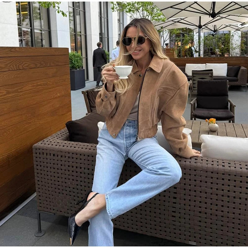 LIZAKOSHT  -  Elegant Camel Cropped Suede Jacket Women Lapel Full Sleeve Pocket Zipper Short Coat New Causal Autumn Lady Daily Streetwear 2025