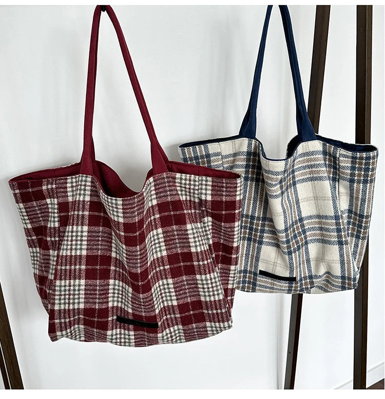 LIZAKOSHT  -  Autumn and Winter Woolen Plaid Shoulder Bag Double Sided Use Handbag Large Capacity Tote Bags For Women