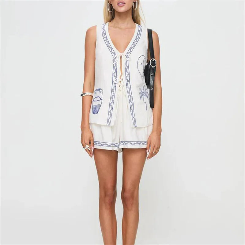 LIZAKOSHT  -  2 Piece Set y2k Clothes Women Vacation Moon Plant Print Sleeveless Tops and High Waist Shorts 2000s Beach Streetwear