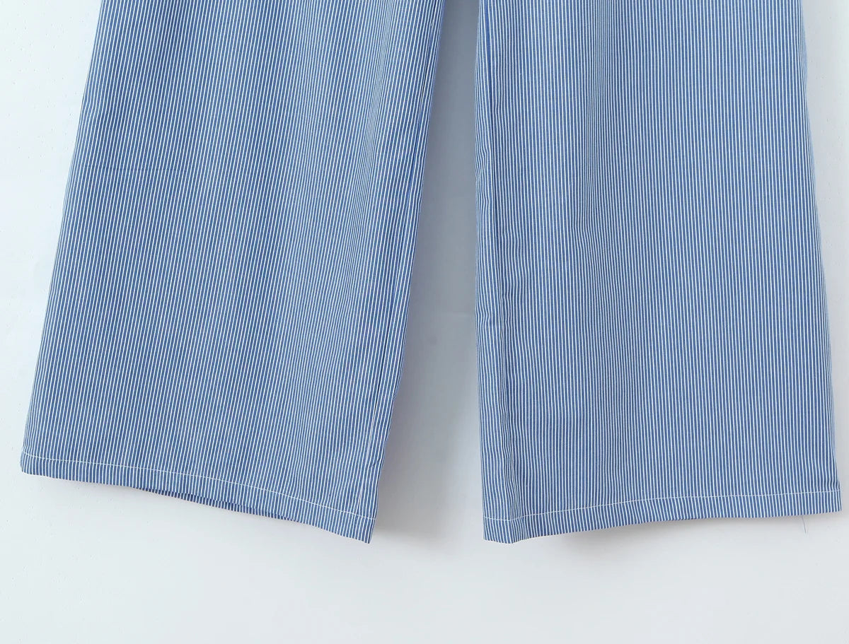 LIZAKOSHT  -  CHIC Blue White Stripes Cotton Wide leg Pants Women Elastic Waist Loose Casual Floor Length Trousers Pants Pink