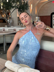 LIZAKOSHT  -  Retro Sequin Backless Halter Mini Dress Women Sexy Sleeveless Glitter Slim Fit Blue Short Dresses Lady Summer Chic Party Holiday