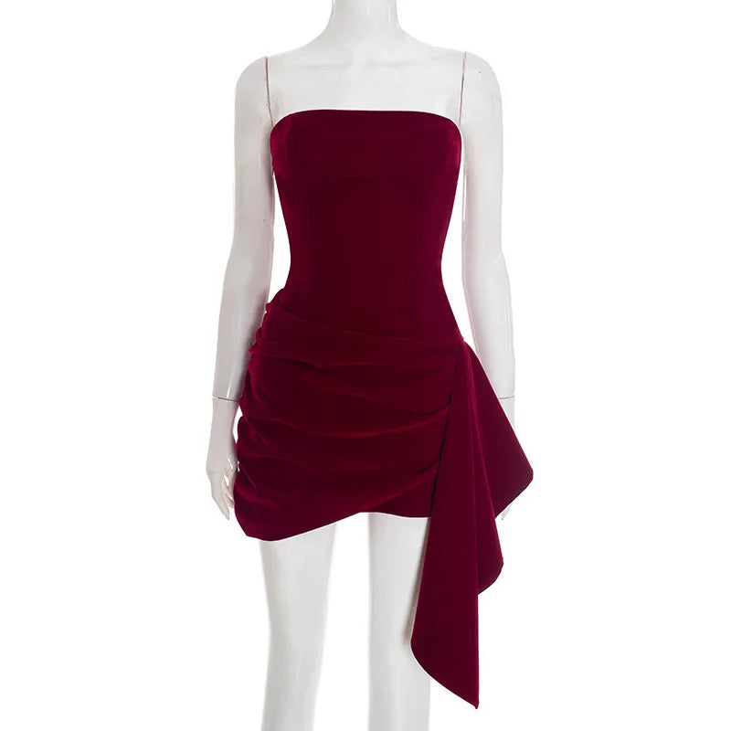 LIZAKOSHT  -  Solid Velvet Strapless Ruched Mini Dress Women Sleeveless Asymmetric Style Dresses Autumn Winter Female Evening Parties Vestidos