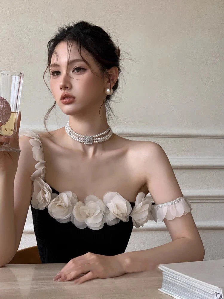 LIZAKOSHT  -  New Summer Clothes Single Strapless 3d Flower Slim Model Elastic Women Top,off The Shoulder Sexy Tank Tide