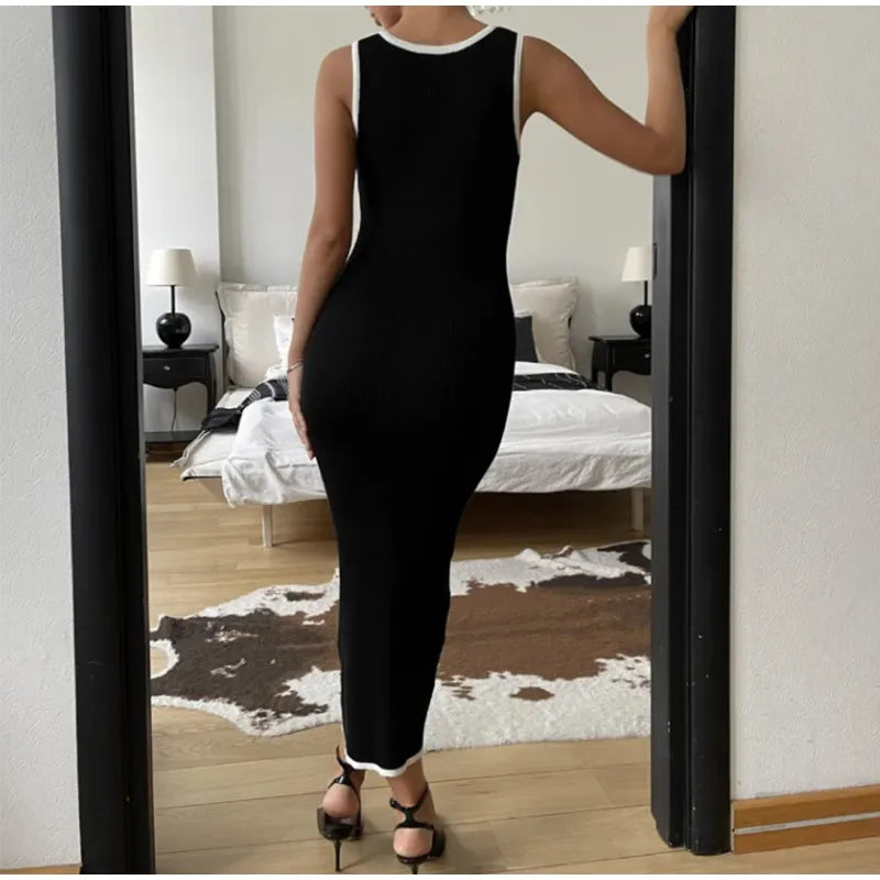 LIZAKOSHT  -  Fashion Patchwork Long Dress Women Square Collar Sleeveless Single Breasted Split Robe 2025 Summer Elegant Female Party Dresses
