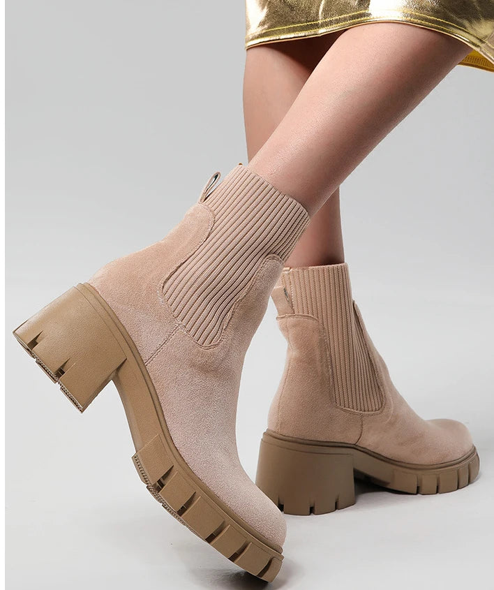 LIZAKOSHT  -  Suede Ankle Boots Women Comfy Casual Chunky Short Boots Ladies Knit Stretch Sock Boots Roundhead Designer Platform Shoes Boots